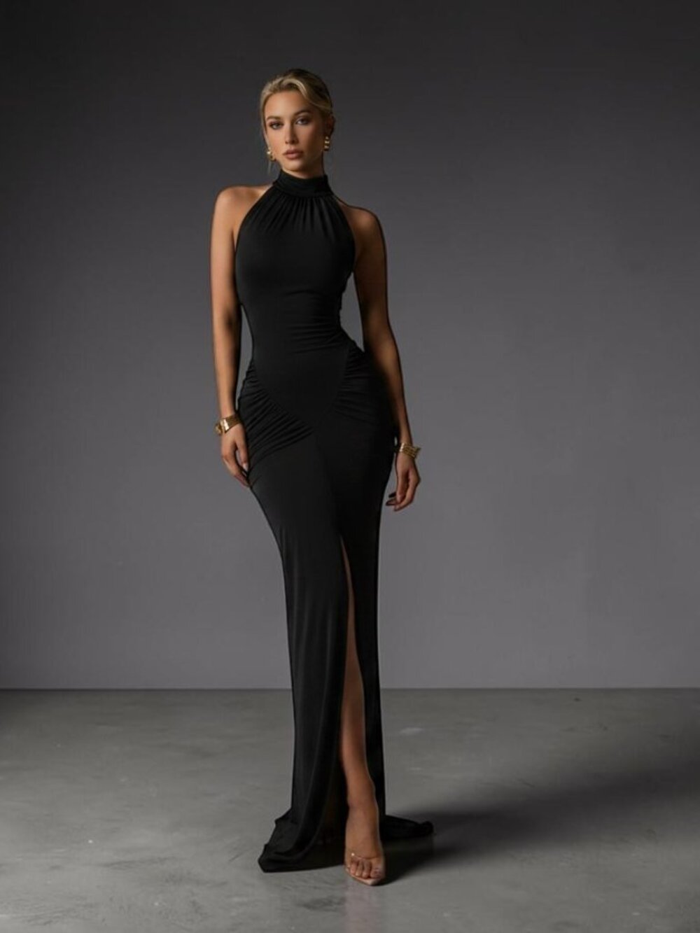Elegant Black High-Neck Prom Dress with Front Slit